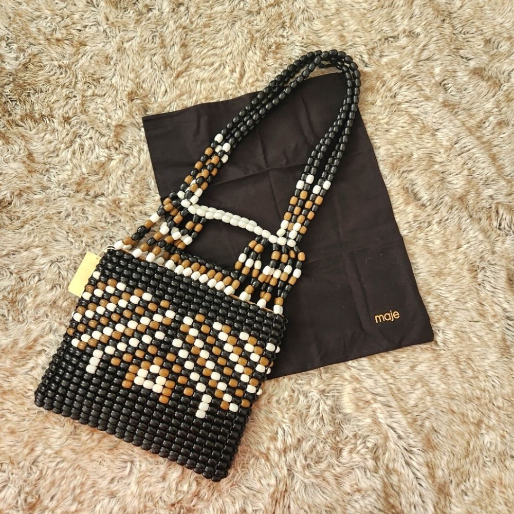 Maje Wood Pearl Shoulder Bag Multicolor Beaded Purse Black and Brown NWT